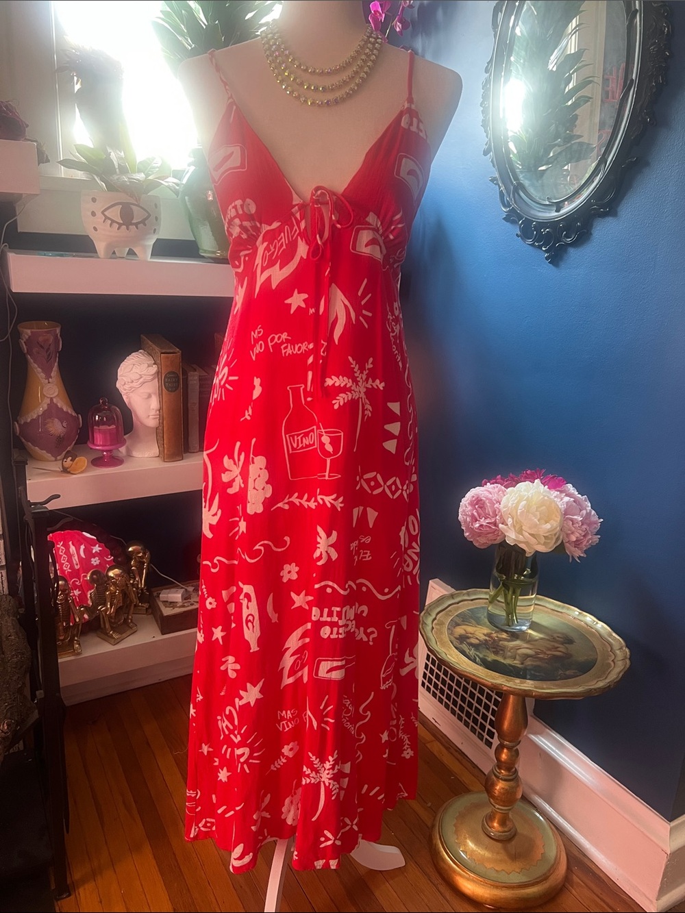Red Printed Maxi Dress with Tie Front